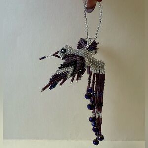 Handmade Hanging Beaded Hummingbird Ornament Figurine in Purple and Silver.
